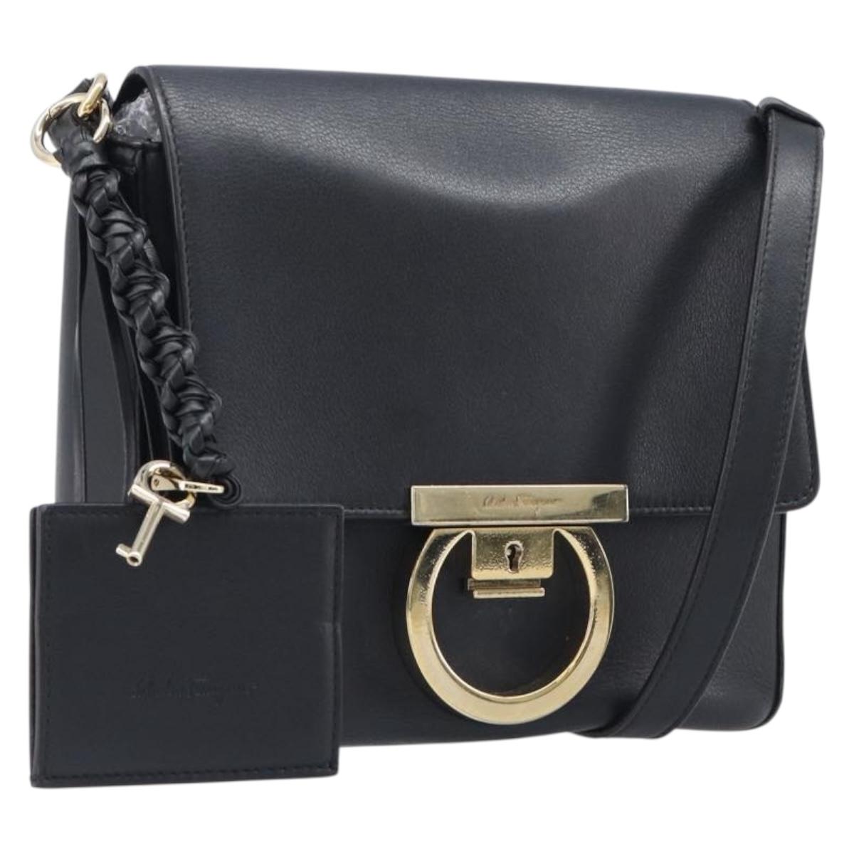 Salvatore Ferragamo Shoulder Bag Leather Black Gold Auth 199863A