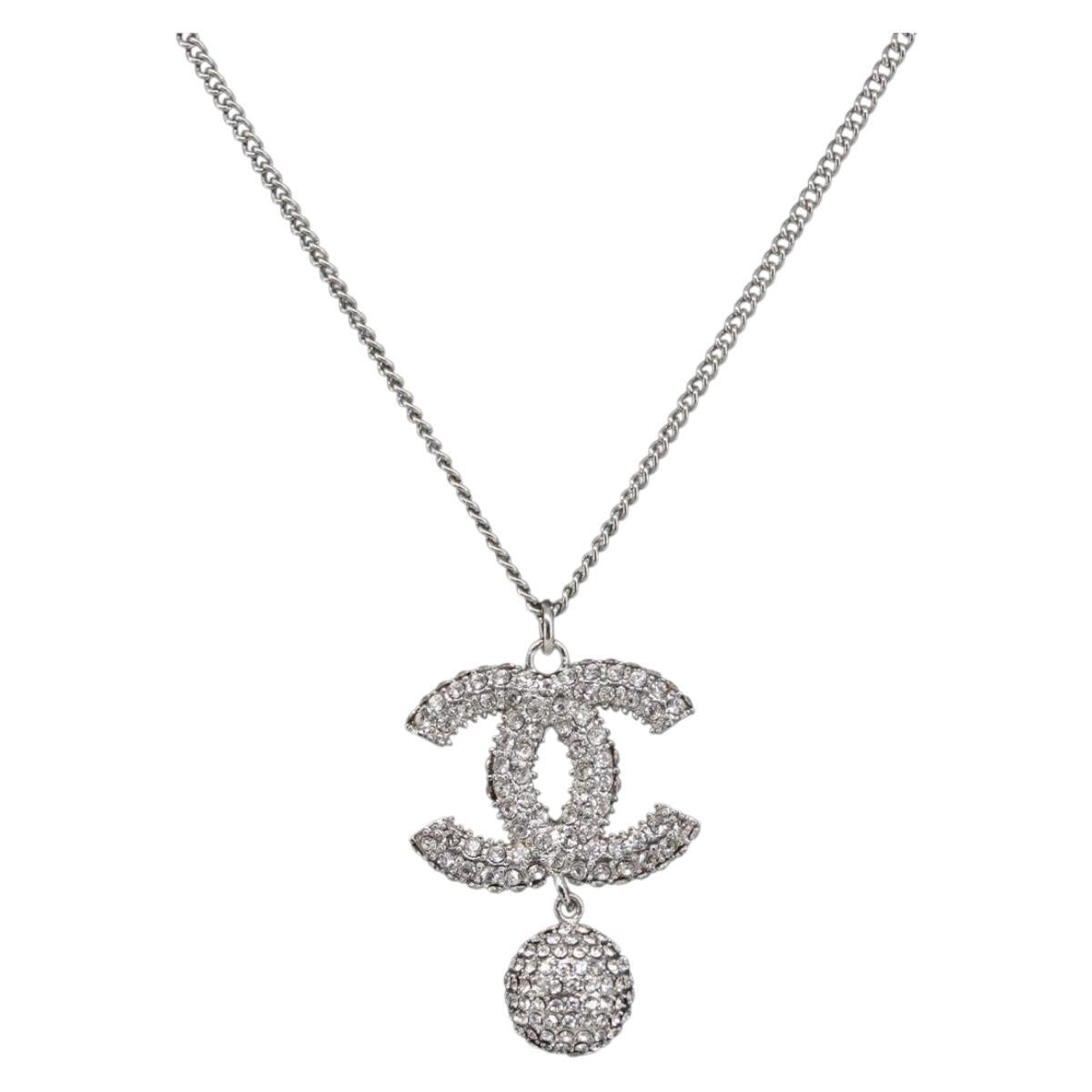 CHANEL Rhinestone Necklace metal Silver CC Auth 199879M