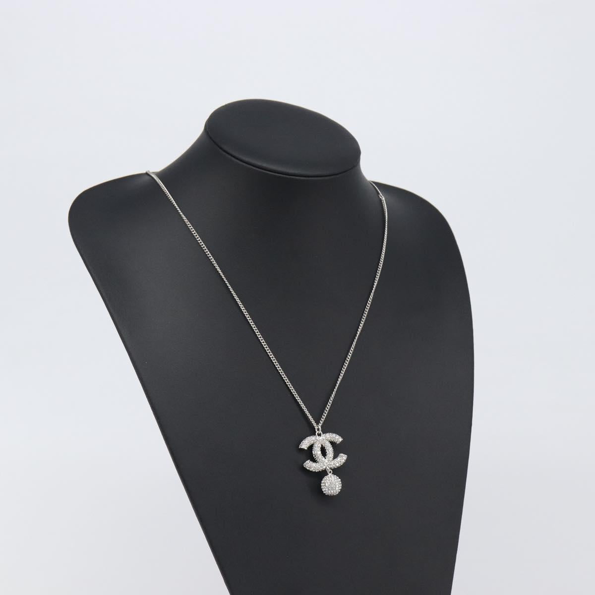 CHANEL Rhinestone Necklace metal Silver CC Auth 199879M