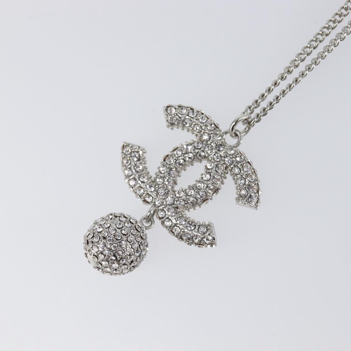 CHANEL Rhinestone Necklace metal Silver CC Auth 199879M