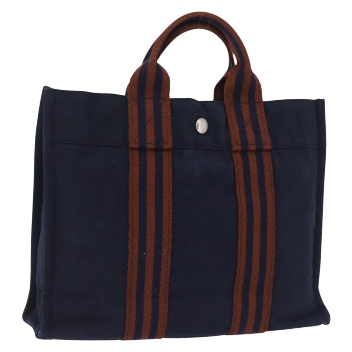HERMES Fourre Tout PM Hand Bag cotton Navy Silver Auth 199880