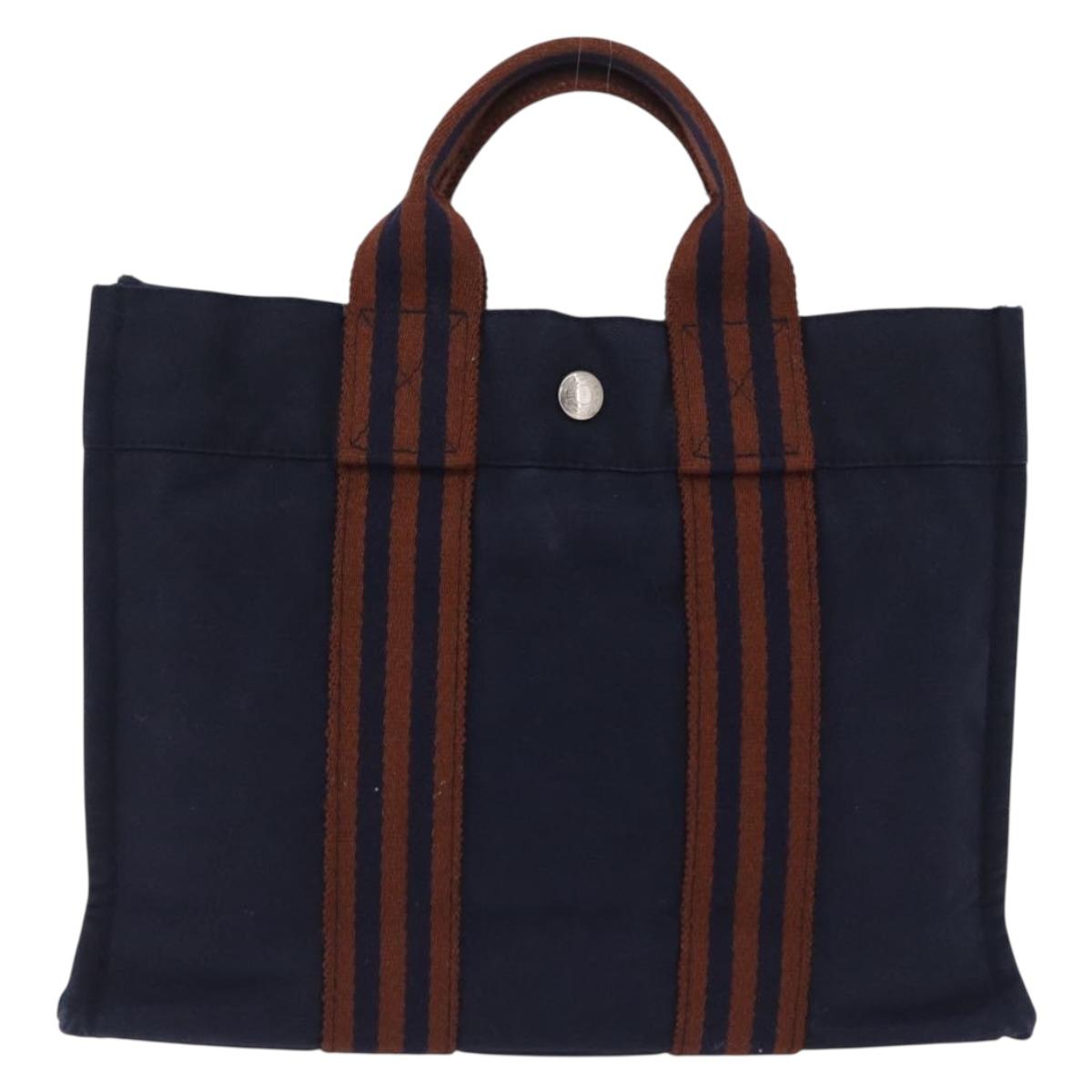 HERMES Fourre Tout PM Hand Bag cotton Navy Silver Auth 199880