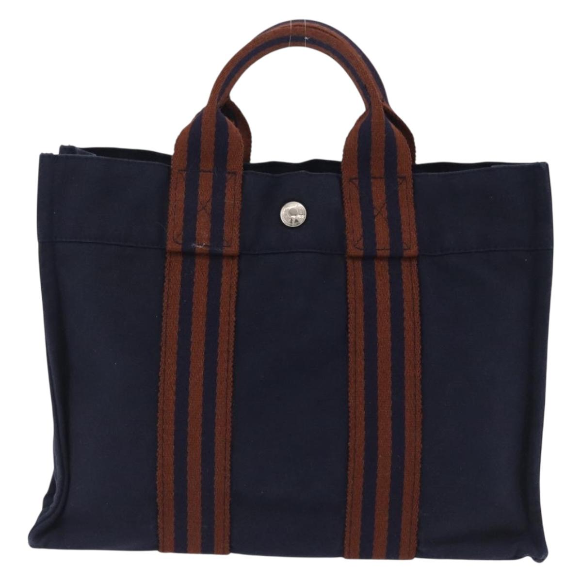 HERMES Fourre Tout PM Hand Bag cotton Navy Silver Auth 199880