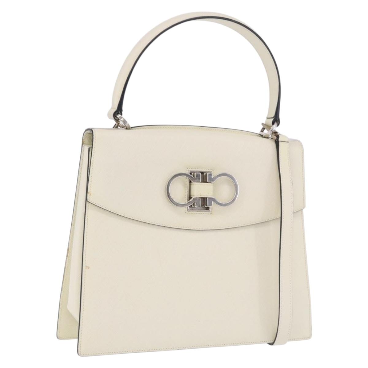 Salvatore Ferragamo Hand Bag Leather 2way Ivory Silver Auth 199898
