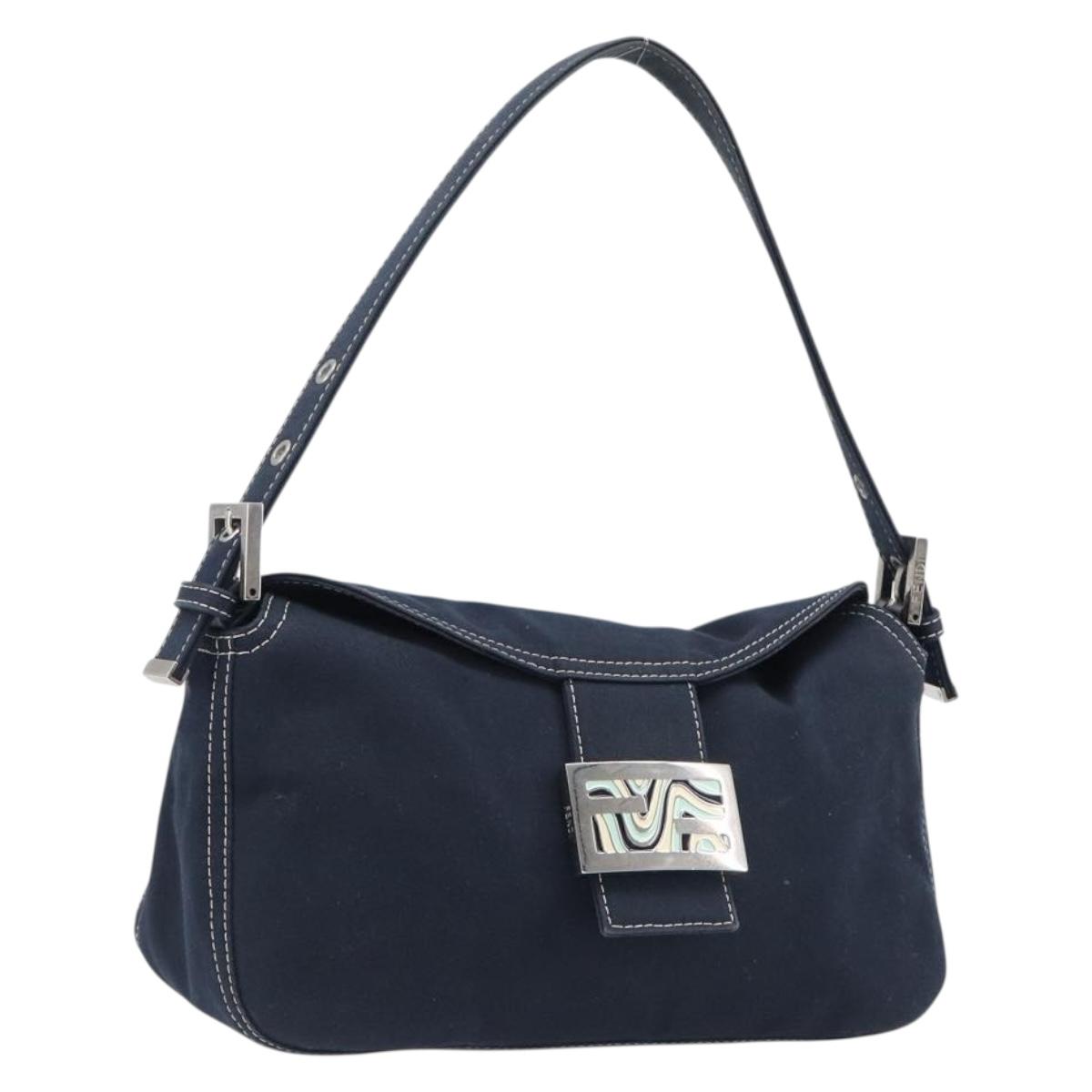 FENDI Mamma Baguette Shoulder Bag Canvas Navy Silver Auth 199899A
