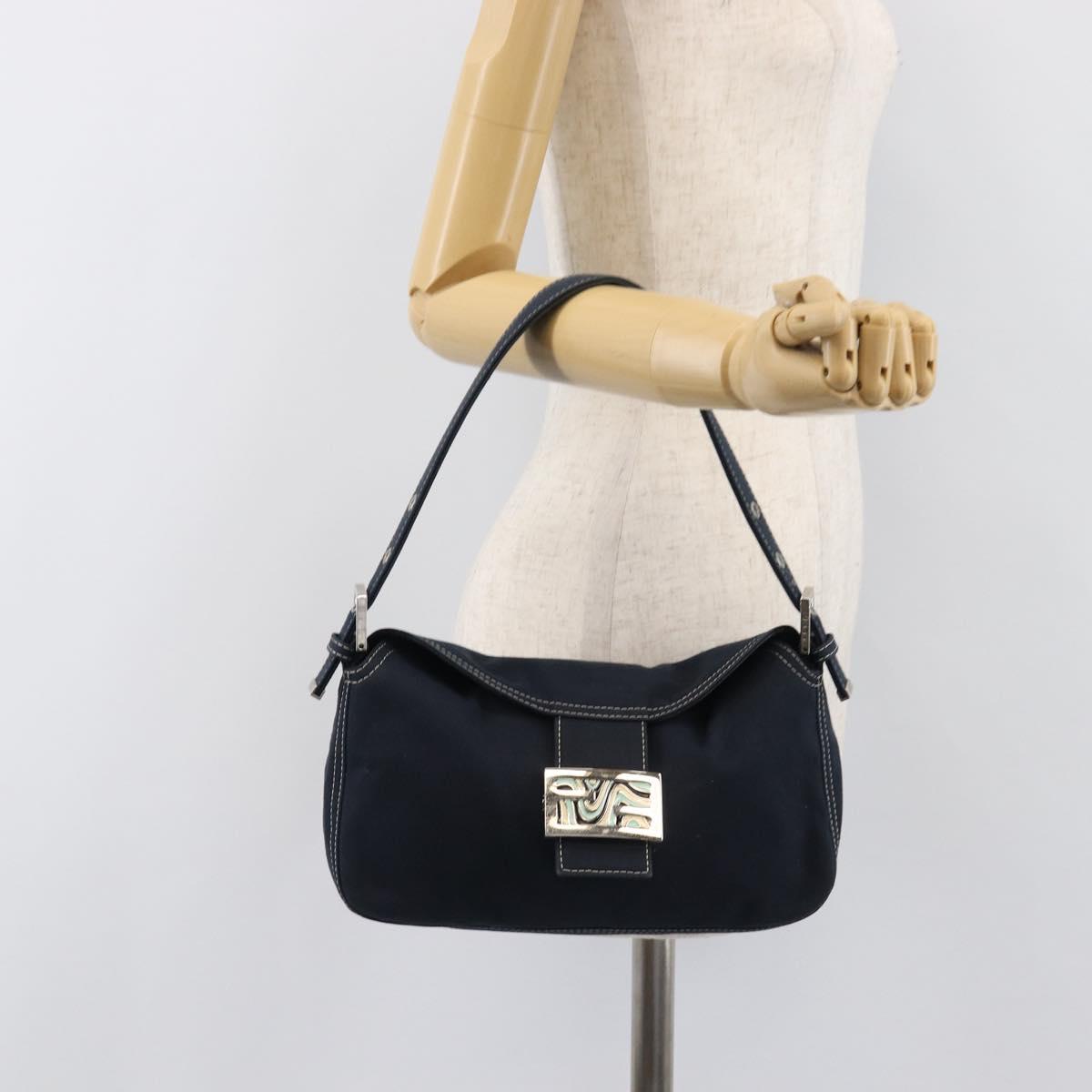 FENDI Mamma Baguette Shoulder Bag Canvas Navy Silver Auth 199899A