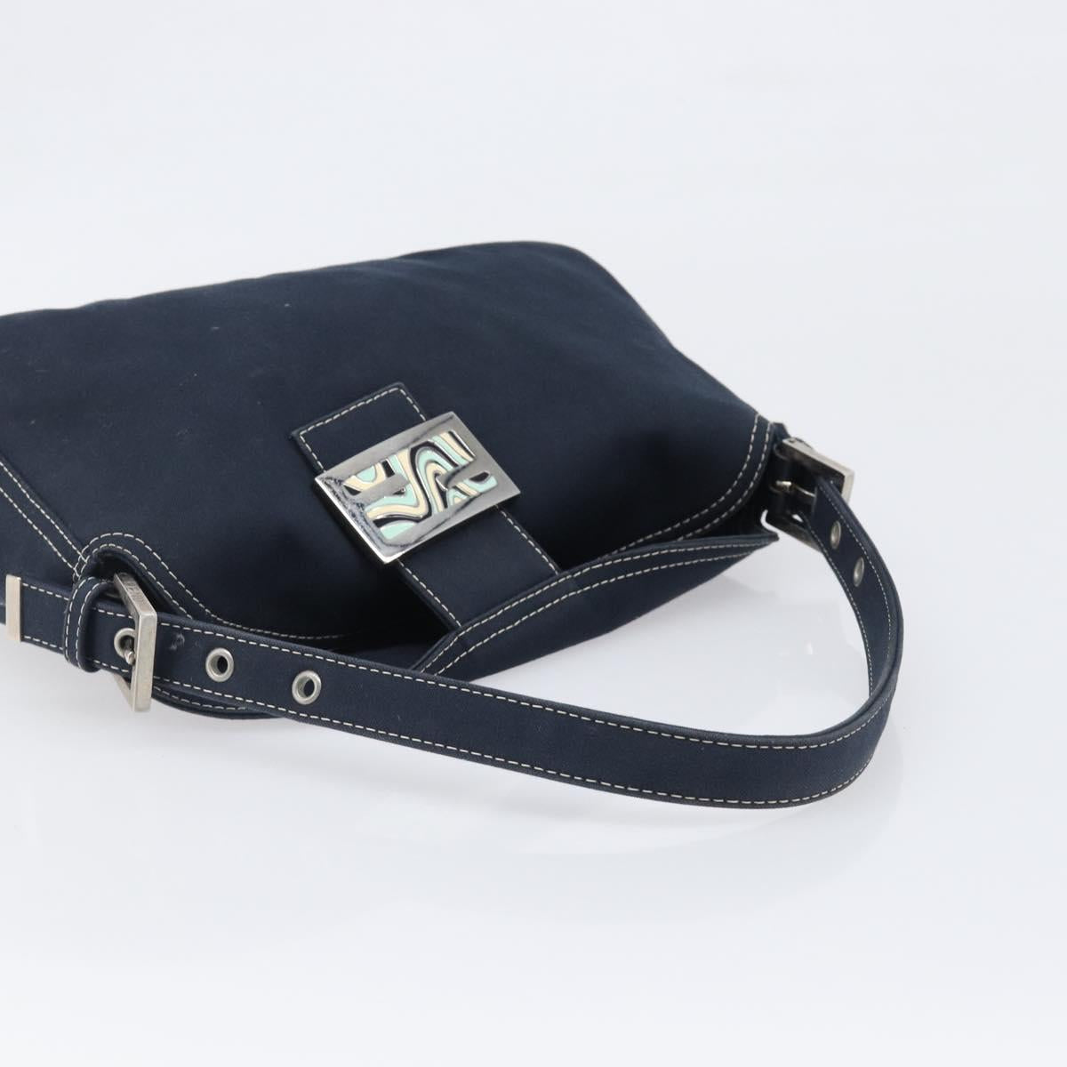 FENDI Mamma Baguette Shoulder Bag Canvas Navy Silver Auth 199899A