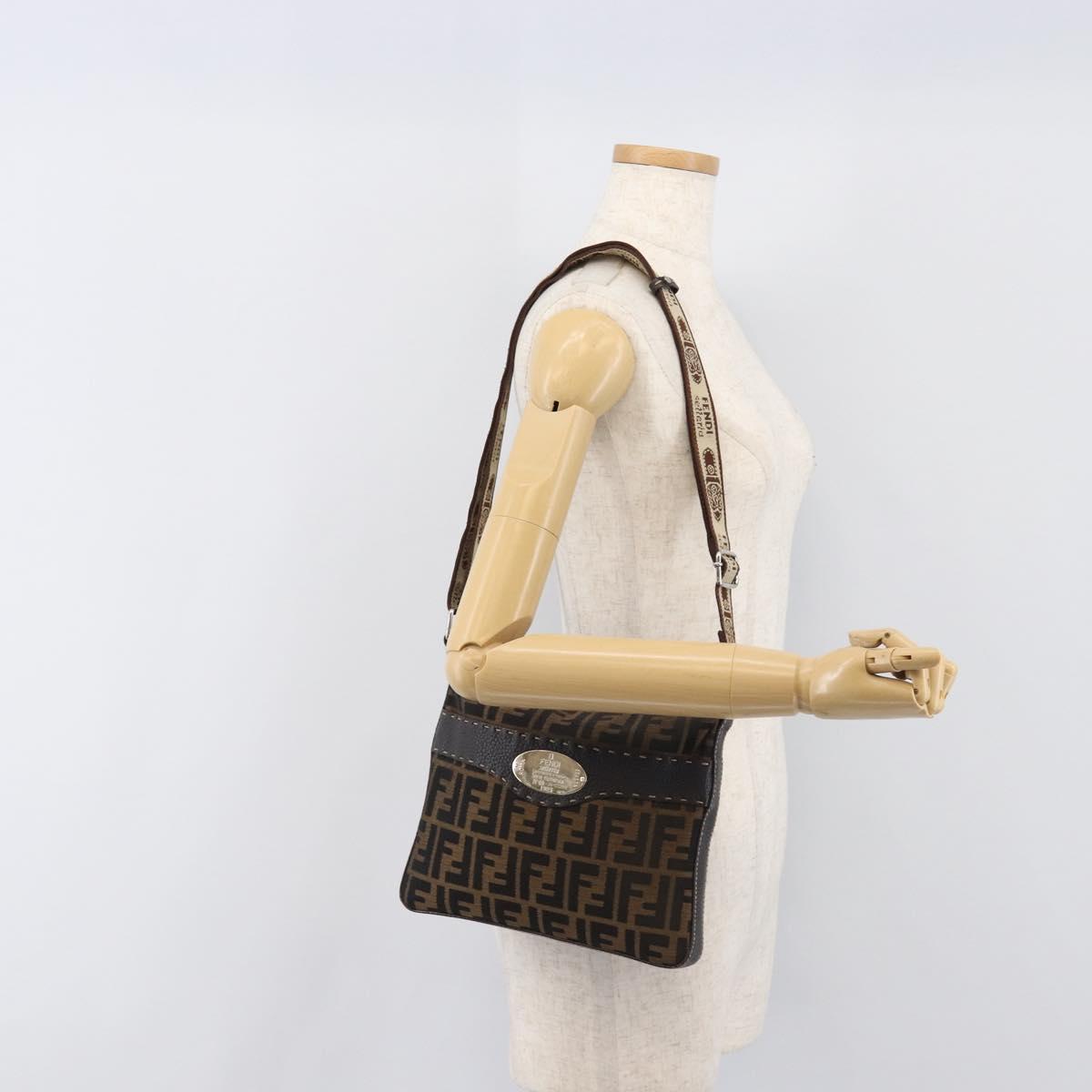 FENDI Zucca Canvas Celeria Shoulder Bag Black Brown Auth 199921A