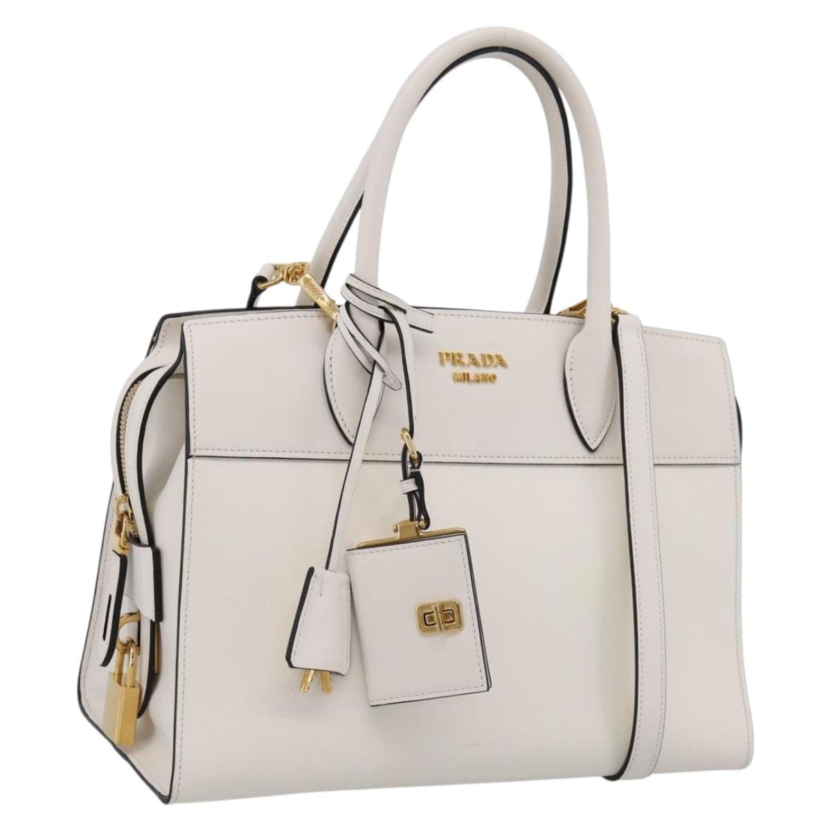 PRADA Galleria Esplanade Hand Bag Saffiano 2way White Gold Auth 199939M