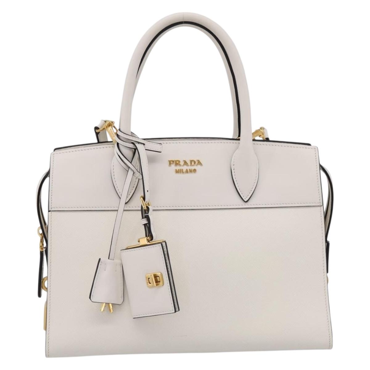 PRADA Galleria Esplanade Hand Bag Saffiano 2way White Gold Auth 199939M