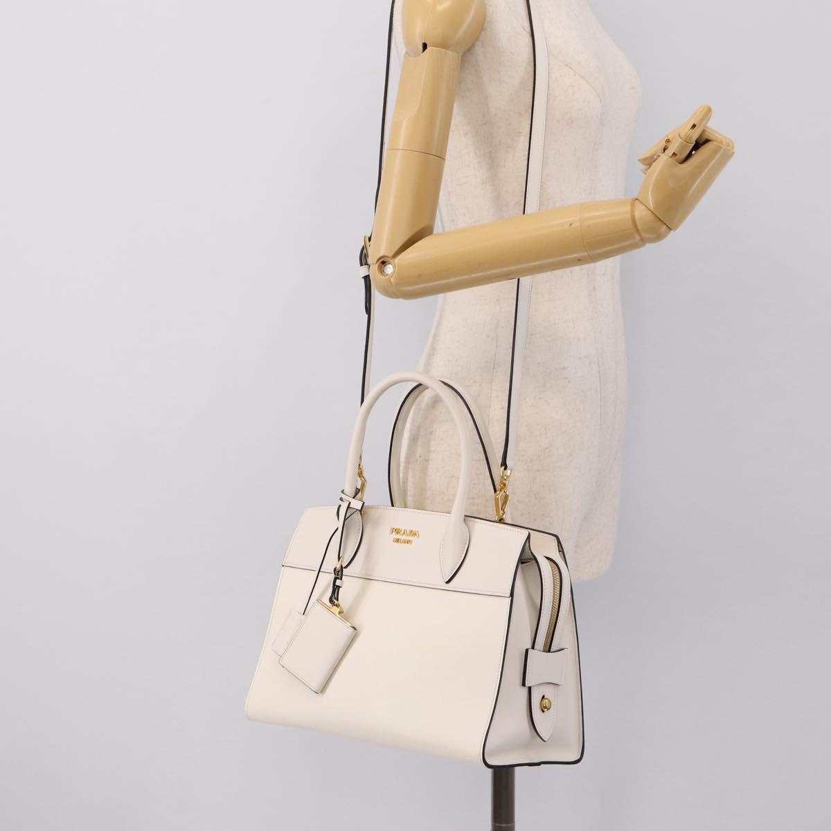 PRADA Galleria Esplanade Hand Bag Saffiano 2way White Gold Auth 199939M