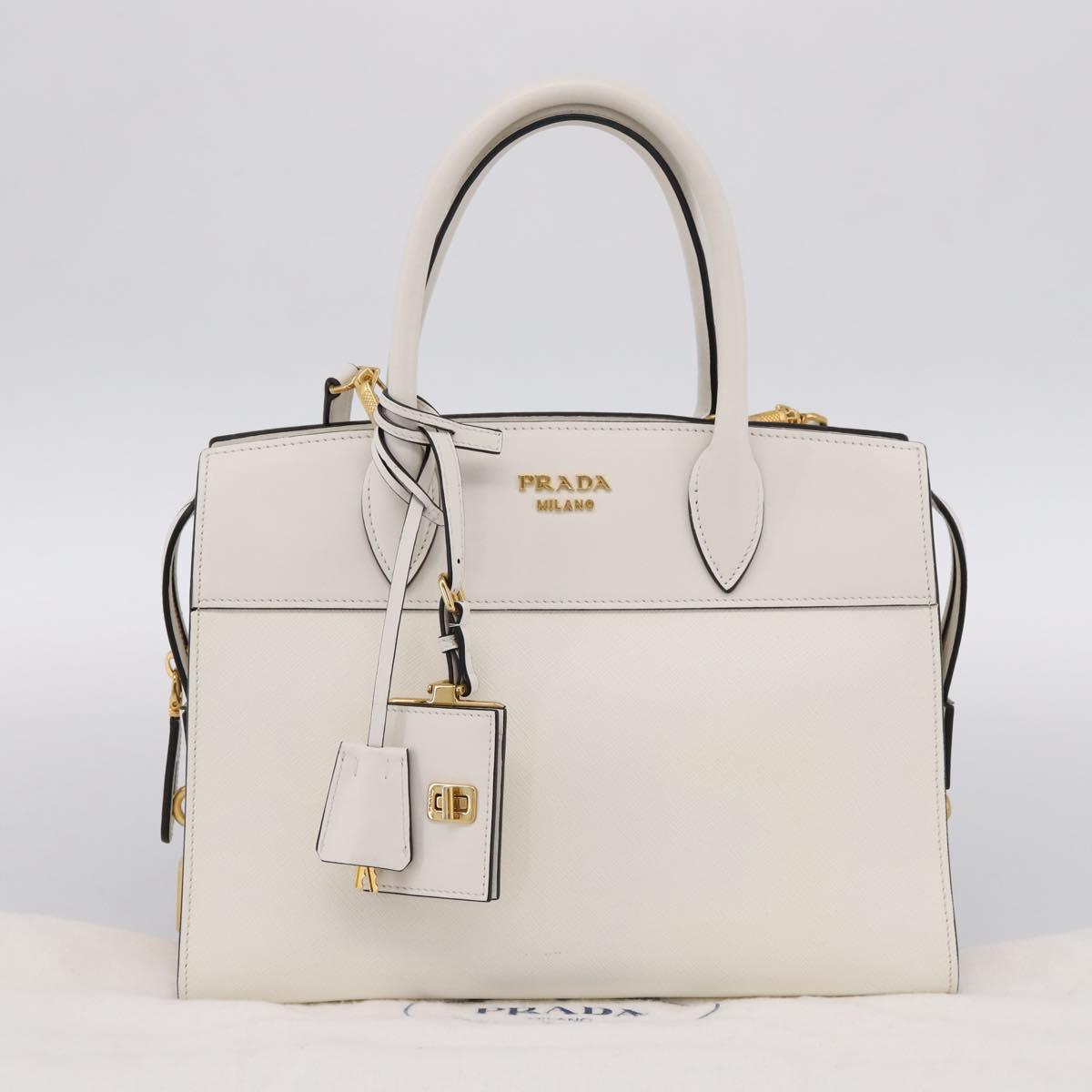 PRADA Galleria Esplanade Hand Bag Saffiano 2way White Gold Auth 199939M