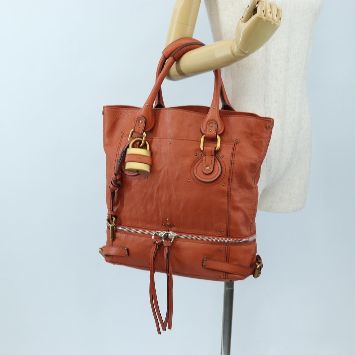 Chloe Paddington Tote Bag Leather Orange Gold Silver Auth 199949V