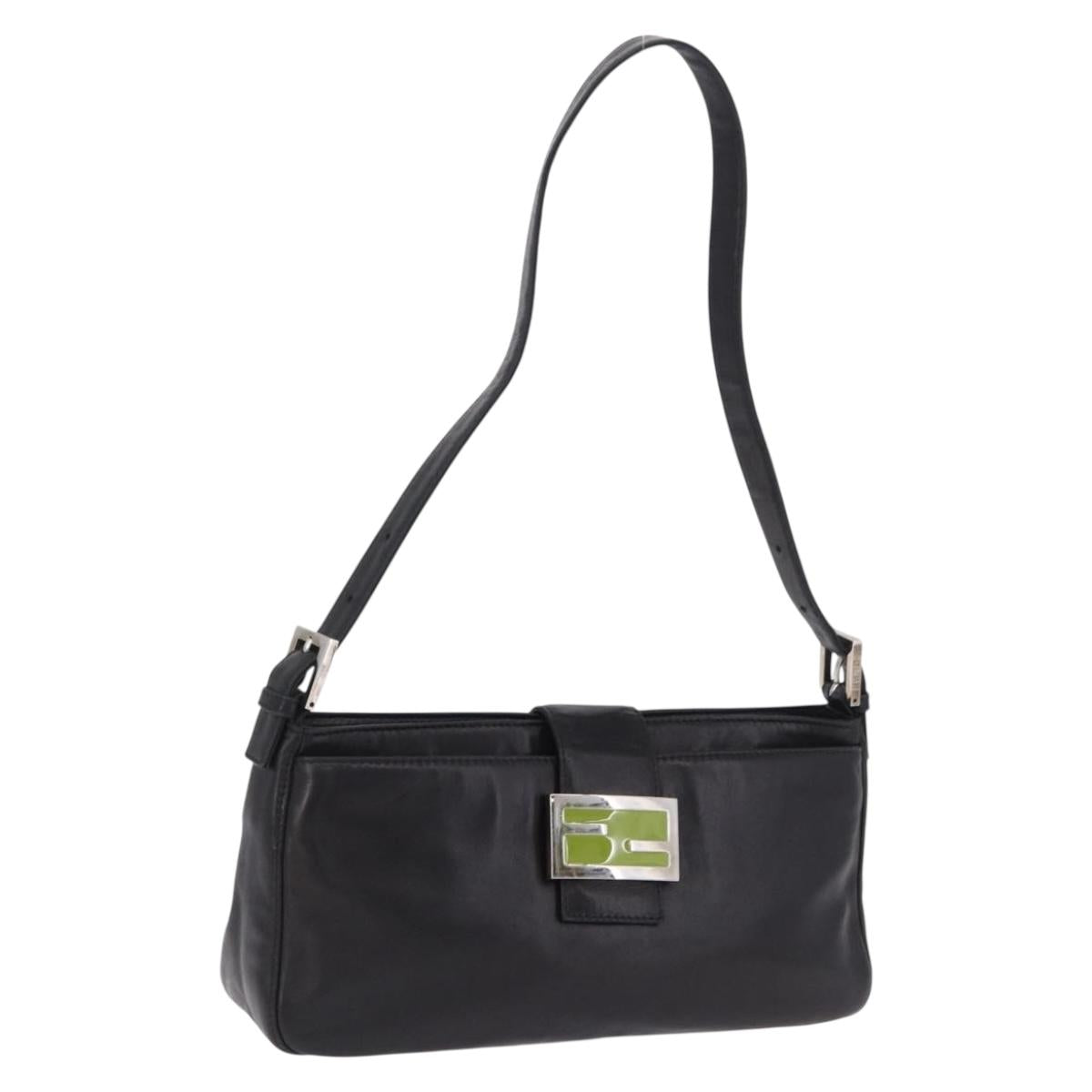 FENDI Mamma Baguette Shoulder Bag Leather Black Silver Auth 199954A