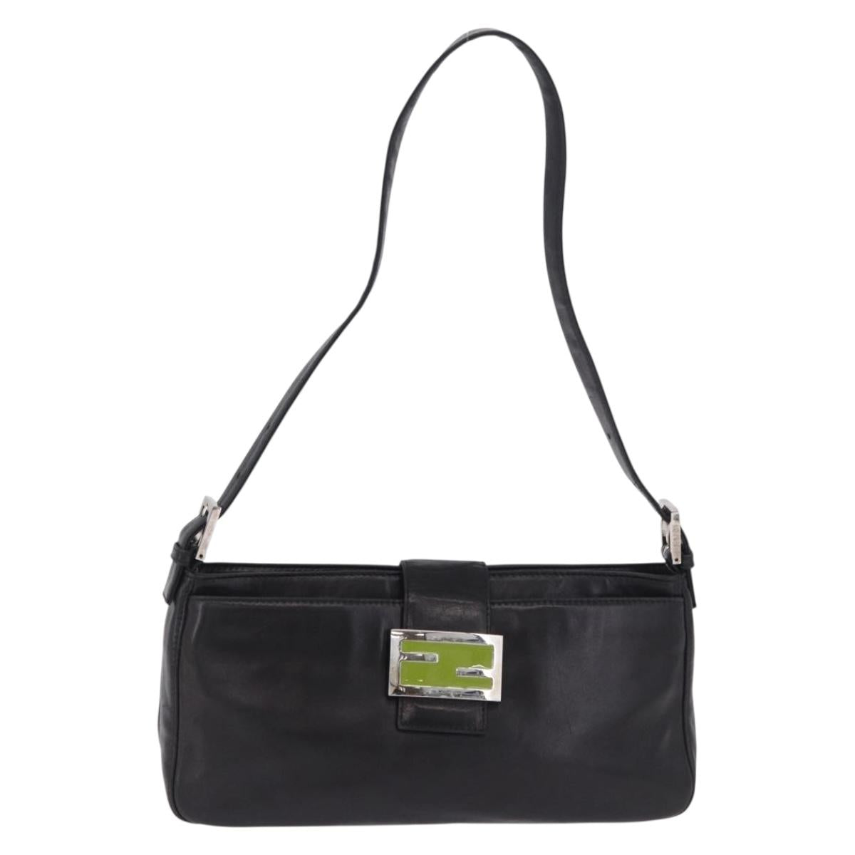 FENDI Mamma Baguette Shoulder Bag Leather Black Silver Auth 199954A