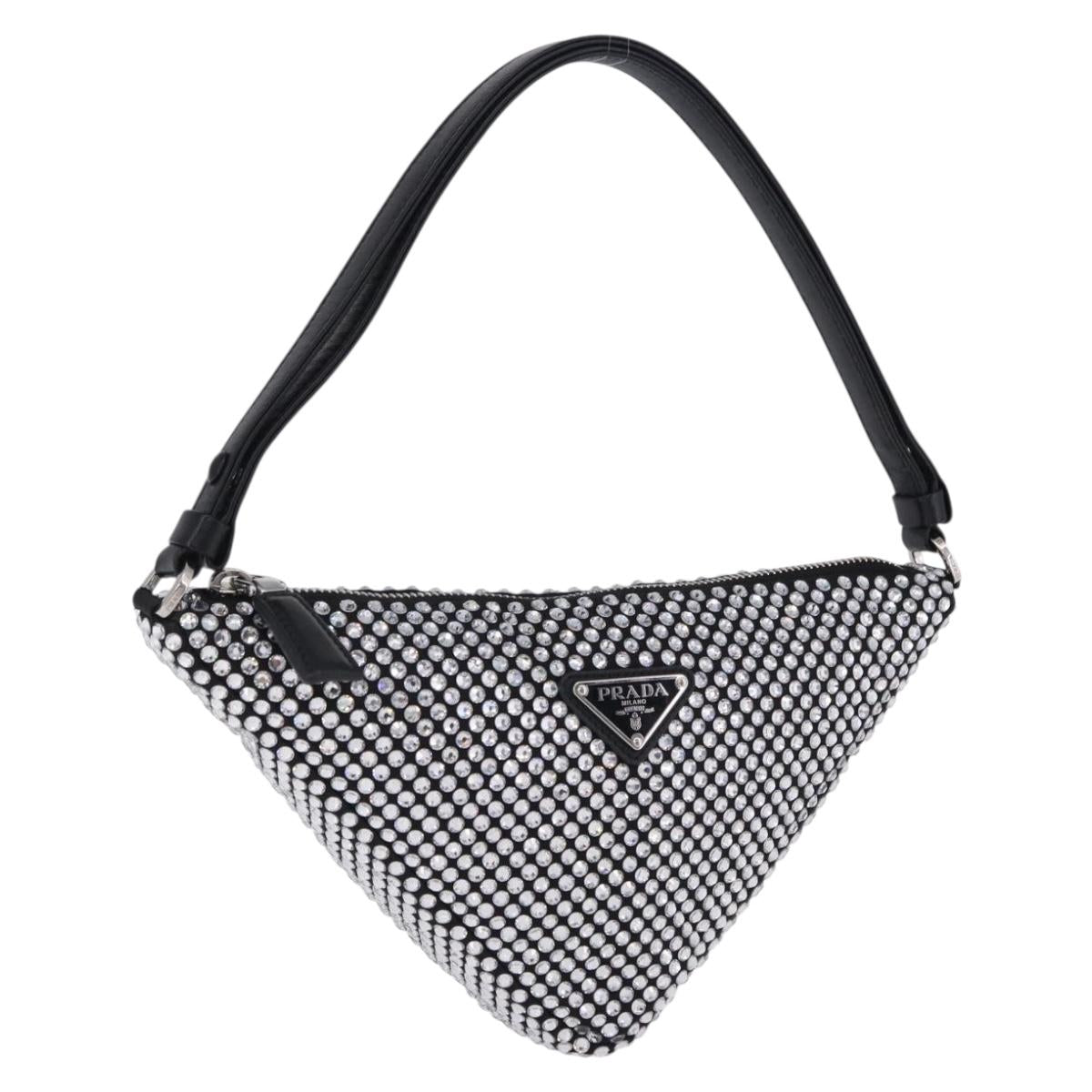 PRADA Rhinestone Hand Bag Canvas Black Silver Auth 199965M