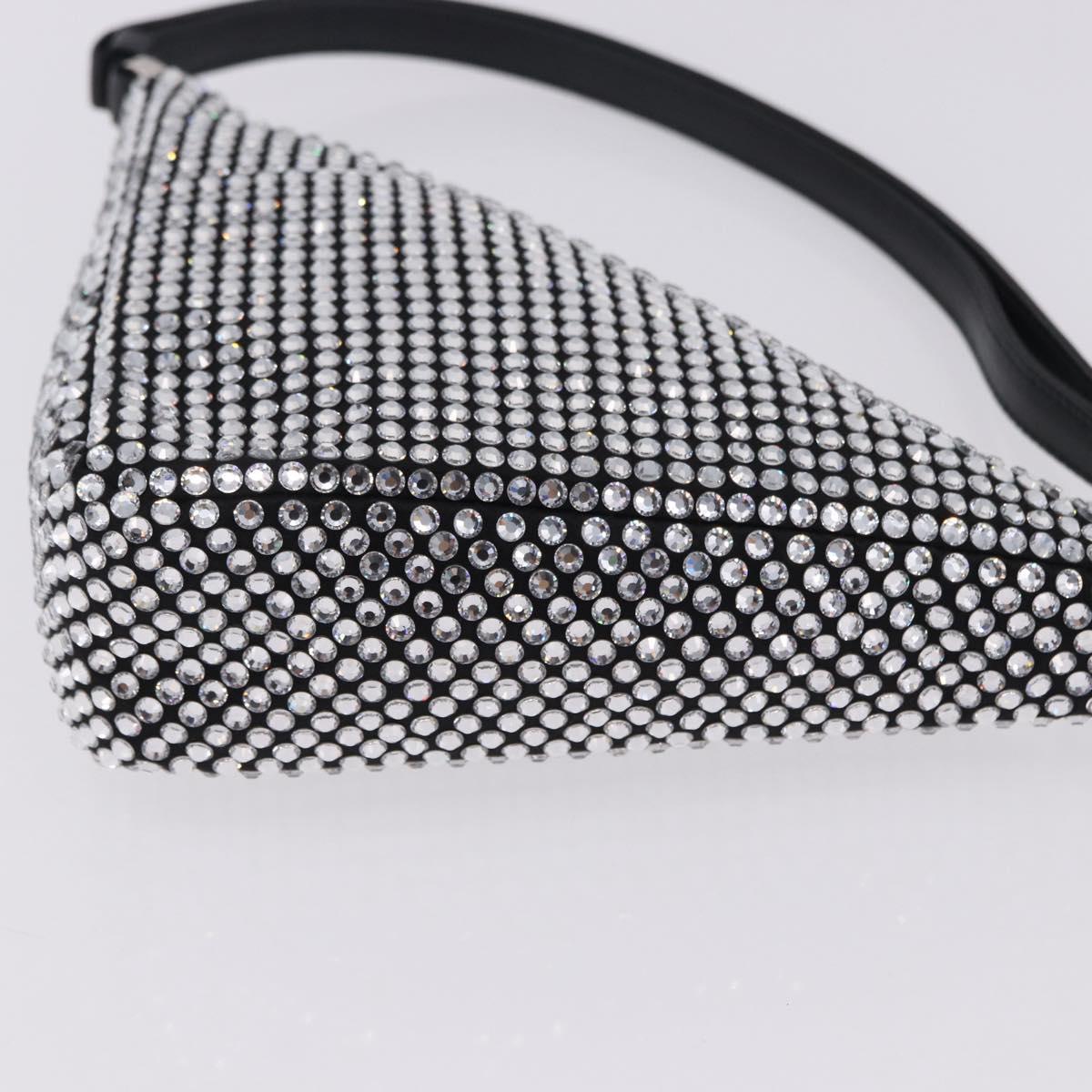 PRADA Rhinestone Hand Bag Canvas Black Silver Auth 199965M