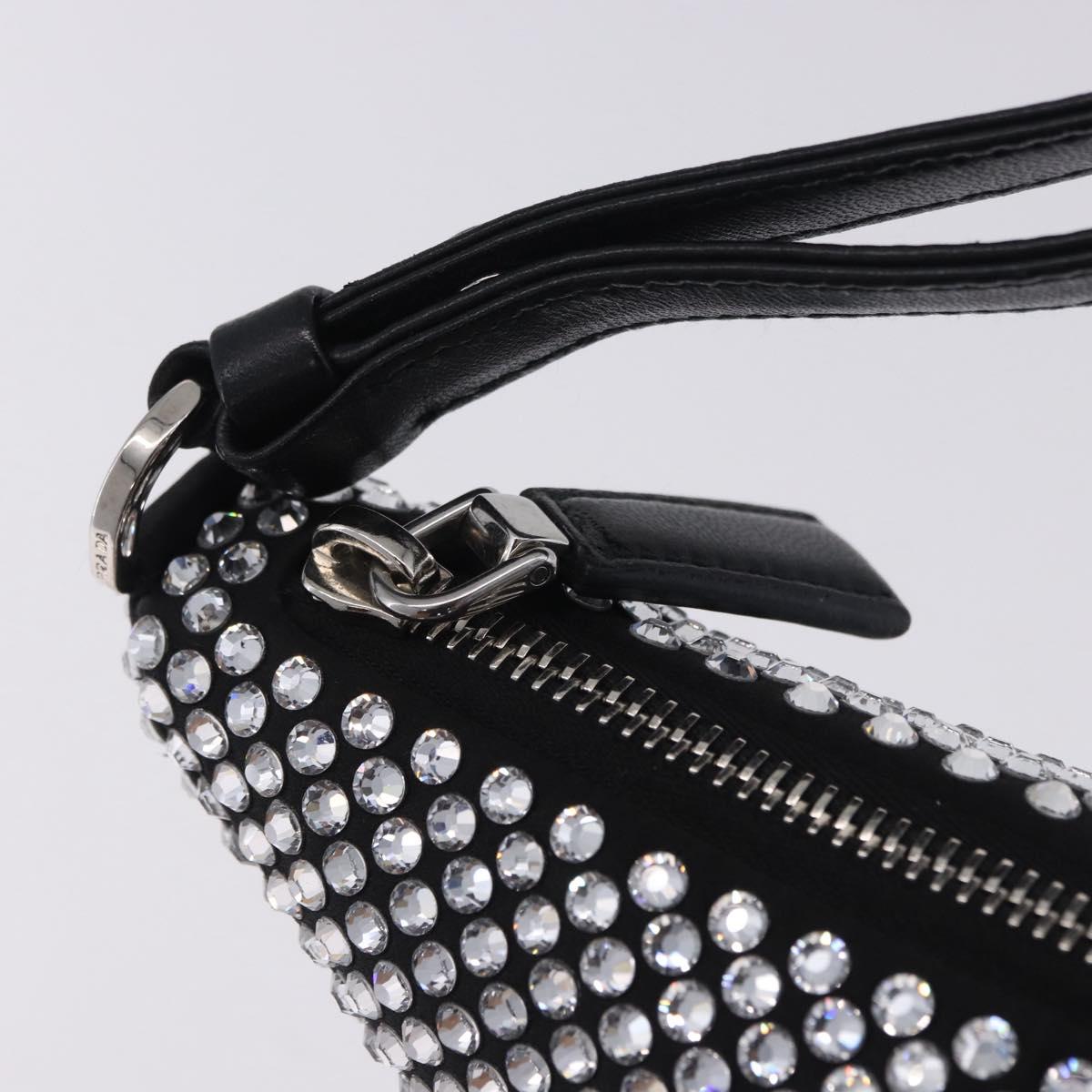 PRADA Rhinestone Hand Bag Canvas Black Silver Auth 199965M