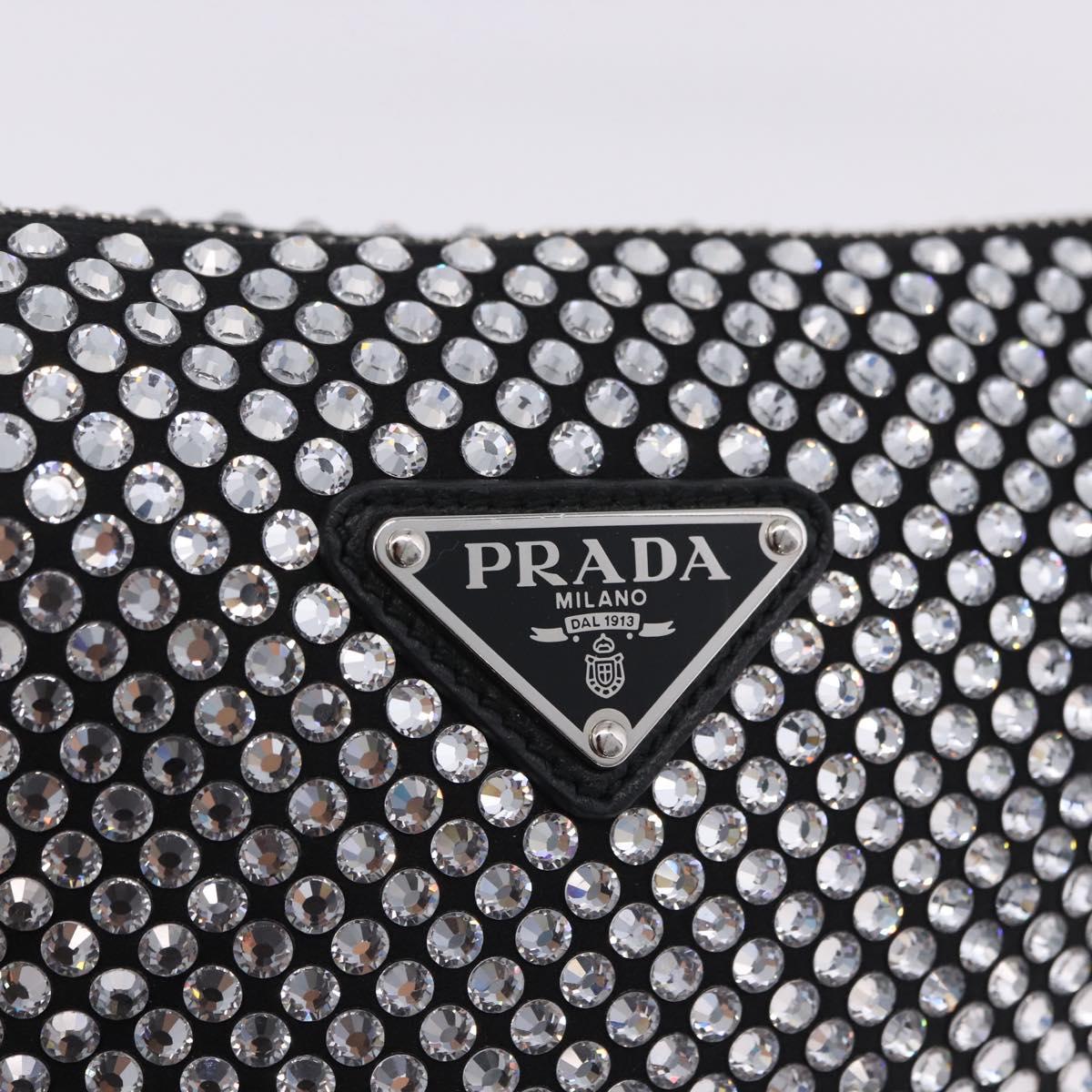 PRADA Rhinestone Hand Bag Canvas Black Silver Auth 199965M