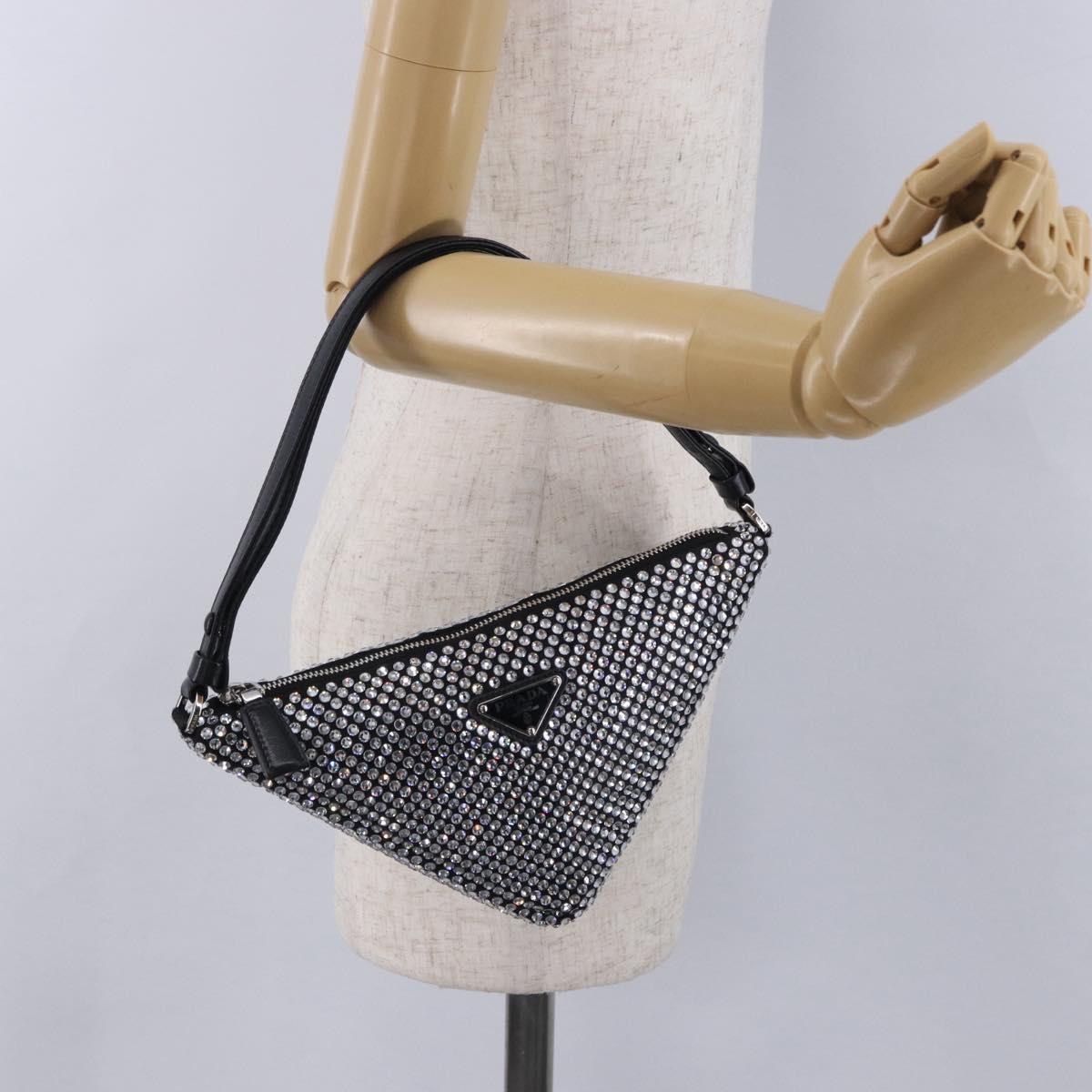 PRADA Rhinestone Hand Bag Canvas Black Silver Auth 199965M