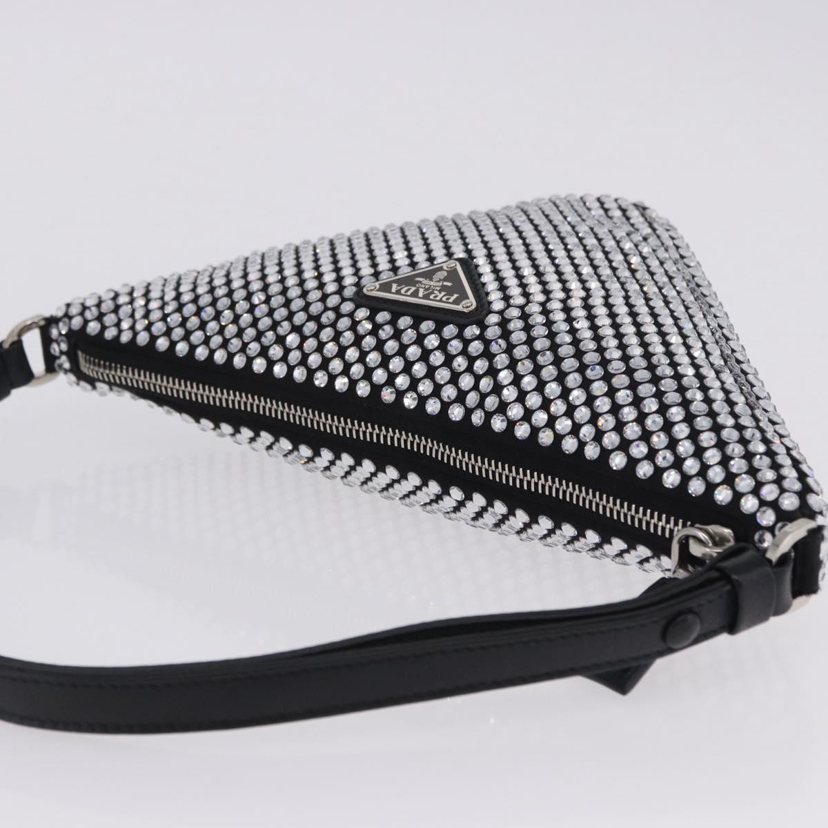 PRADA Rhinestone Hand Bag Canvas Black Silver Auth 199965M