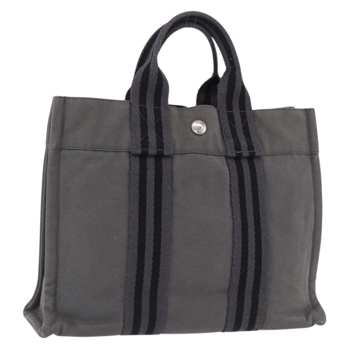 HERMES Fourre Tout PM Hand Bag cotton Gray Silver Auth 199978