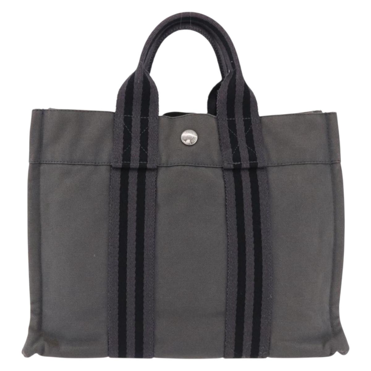 HERMES Fourre Tout PM Hand Bag cotton Gray Silver Auth 199978