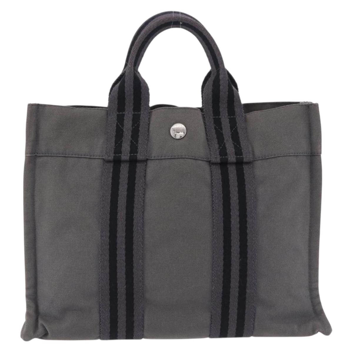 HERMES Fourre Tout PM Hand Bag cotton Gray Silver Auth 199978