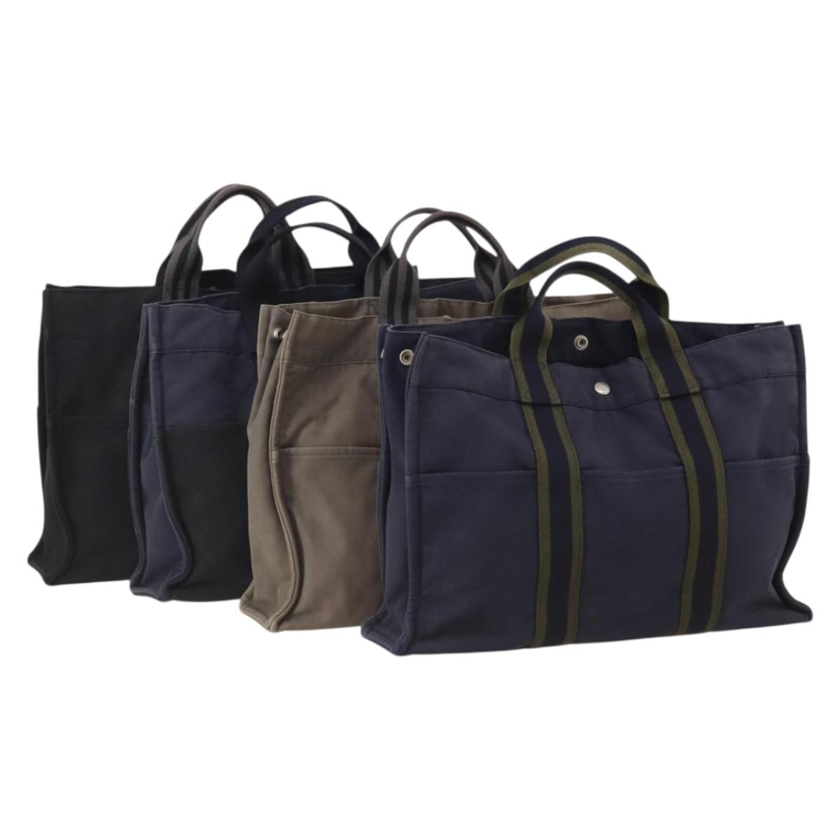 HERMES Fourre Tout MM Hand Bag cotton 4Set Navy Black Auth 199989