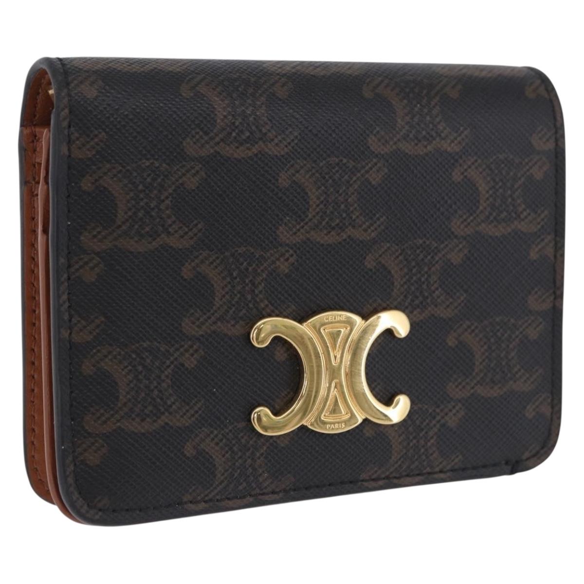 CELINE Triomphe Wallet PVC Gold Dark Brown Auth 200004M