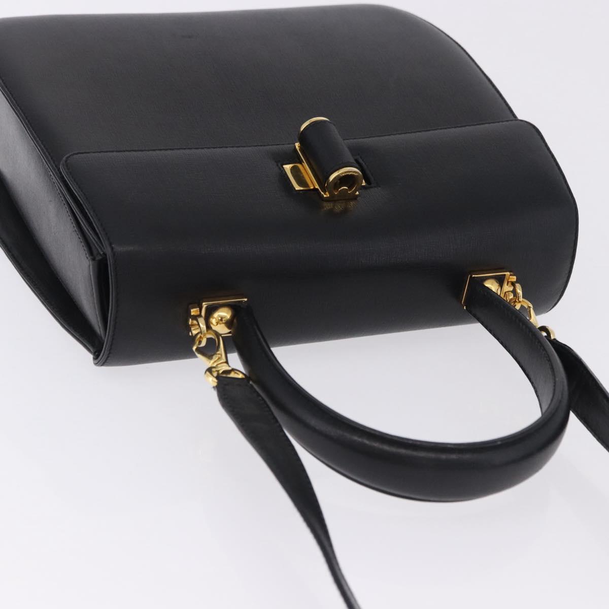 Salvatore Ferragamo Gancini Hand Bag Leather 2way Black Gold Auth 200051A