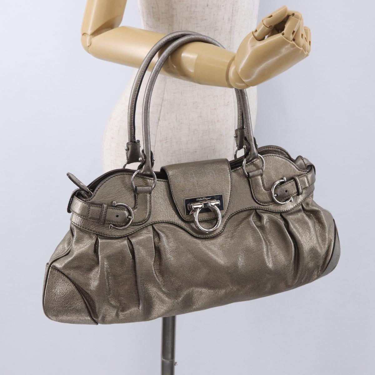 Salvatore Ferragamo Gancini Hand Bag Leather Gold Silver Auth 200055A