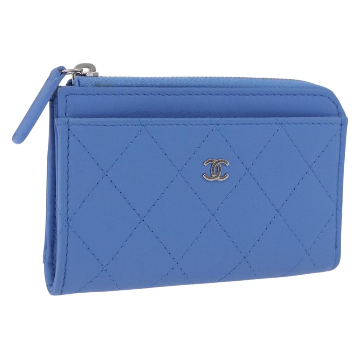 CHANEL Matelasse Fragment Case Wallet Lamb Skin Light Blue CC Auth 200060V