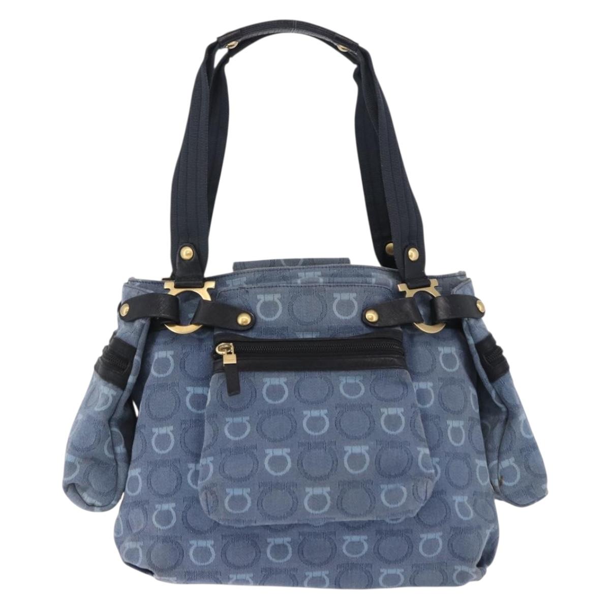 Salvatore Ferragamo Gancini Tote Bag Canvas Navy Gold Auth 200061A