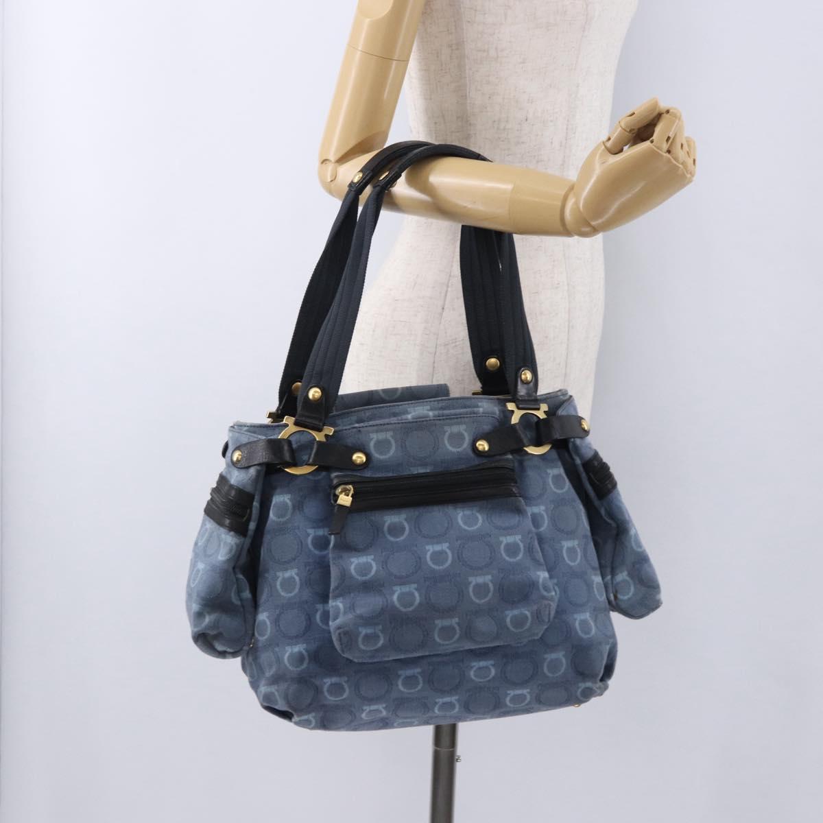 Salvatore Ferragamo Gancini Tote Bag Canvas Navy Gold Auth 200061A