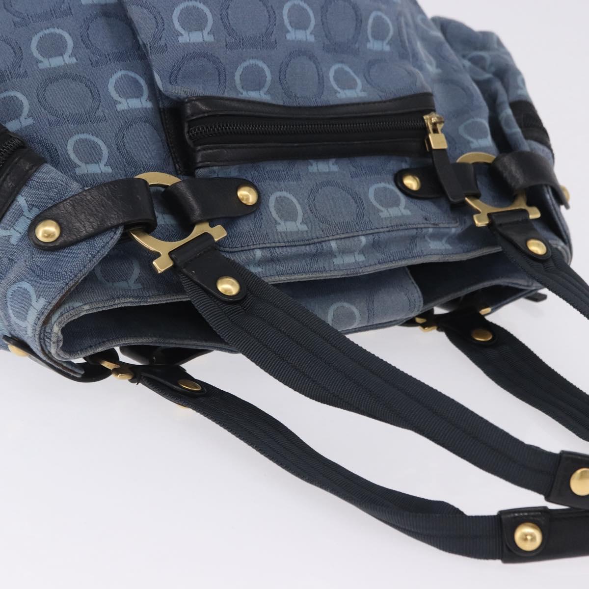 Salvatore Ferragamo Gancini Tote Bag Canvas Navy Gold Auth 200061A