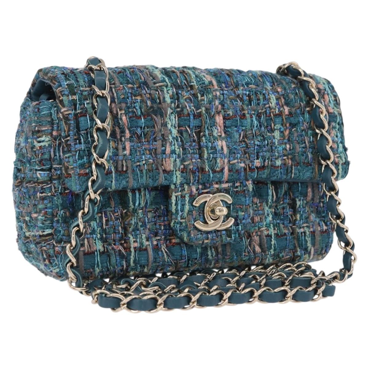 CHANEL Mini Matelasse 20 Chain Shoulder Bag tweed Green Gold CC Auth 200062SM