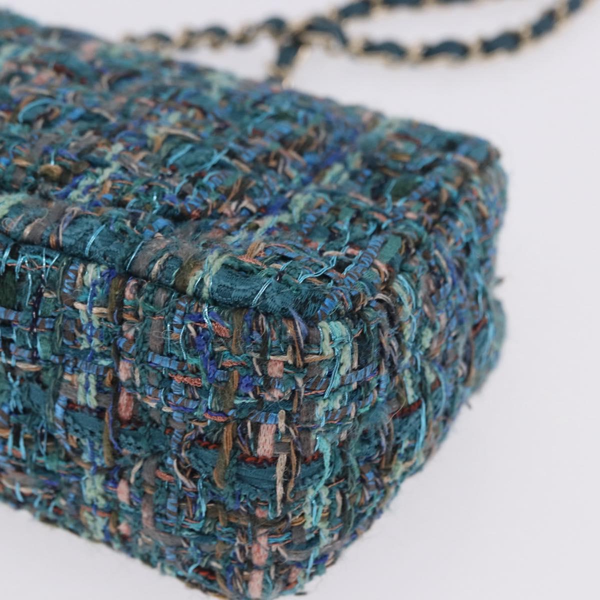 CHANEL Mini Matelasse 20 Chain Shoulder Bag tweed Green Gold CC Auth 200062SM