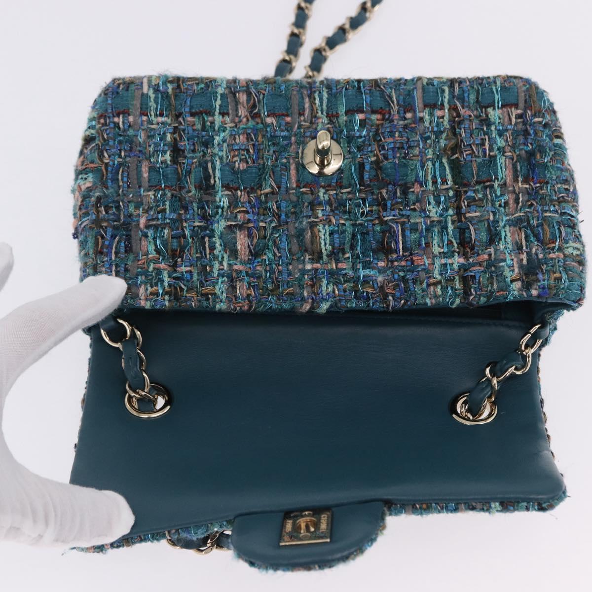CHANEL Mini Matelasse 20 Chain Shoulder Bag tweed Green Gold CC Auth 200062SM
