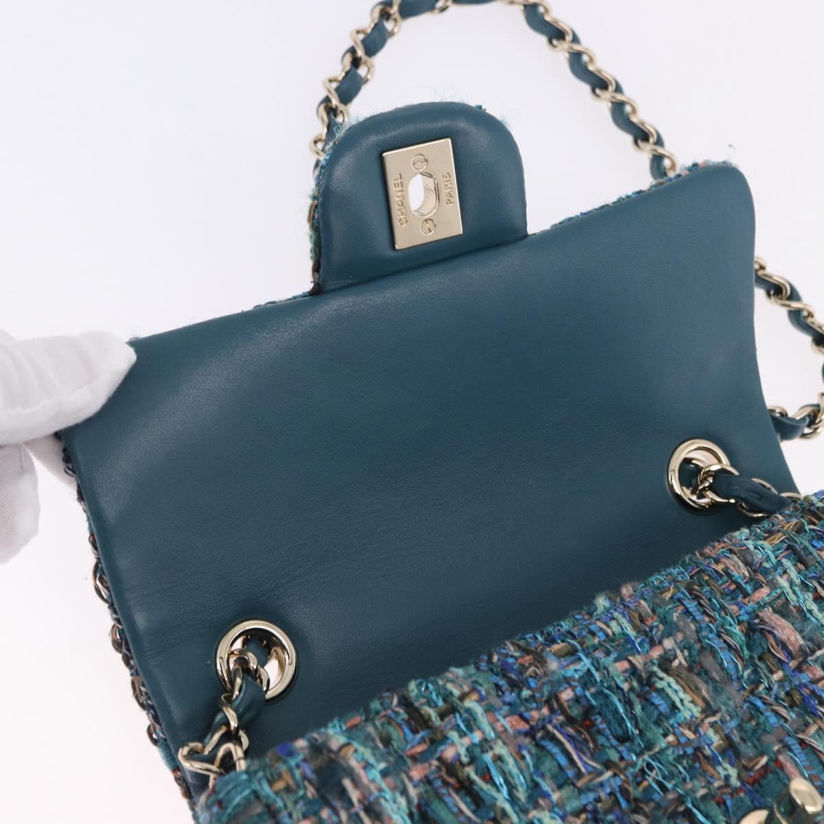 CHANEL Mini Matelasse 20 Chain Shoulder Bag tweed Green Gold CC Auth 200062SM