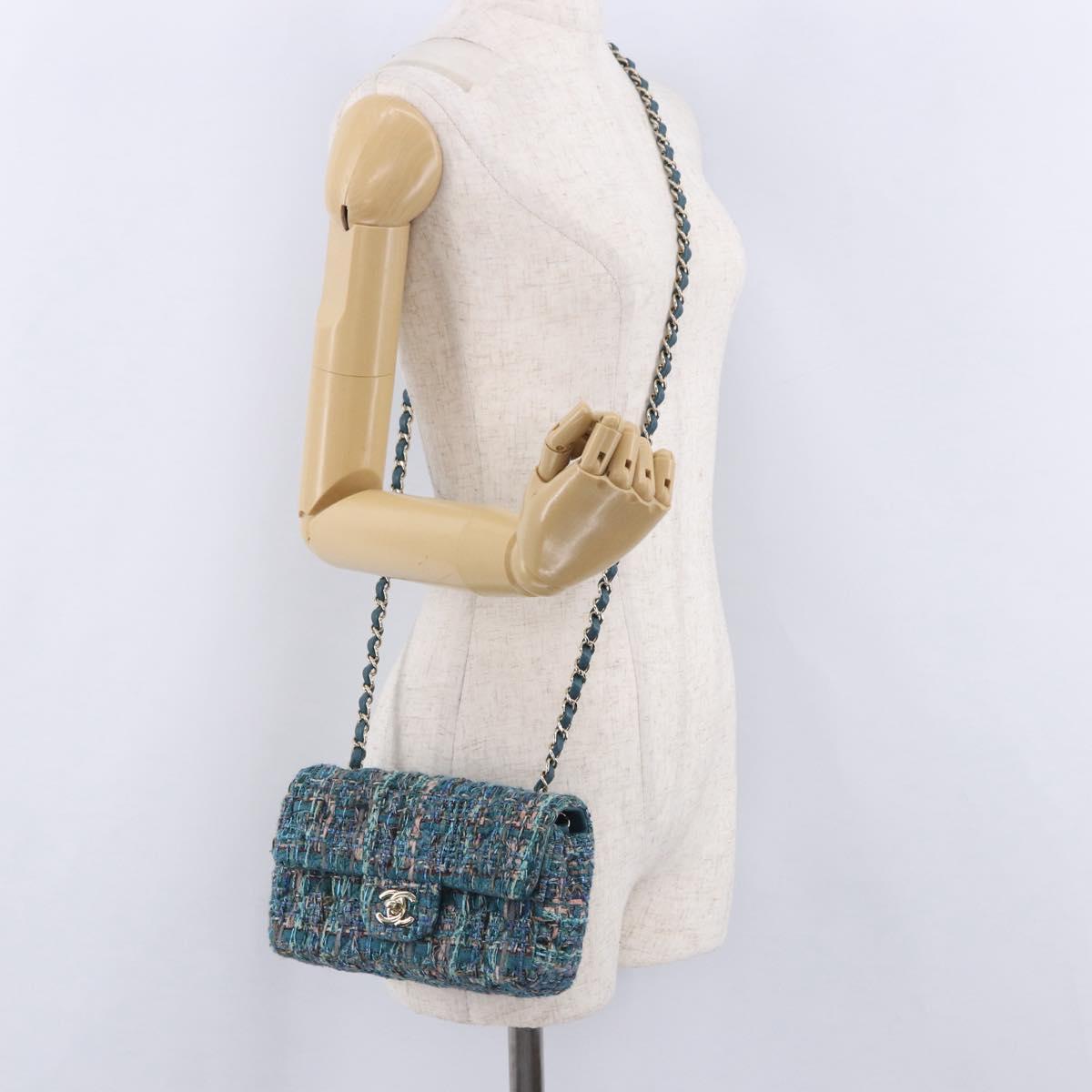 CHANEL Mini Matelasse 20 Chain Shoulder Bag tweed Green Gold CC Auth 200062SM