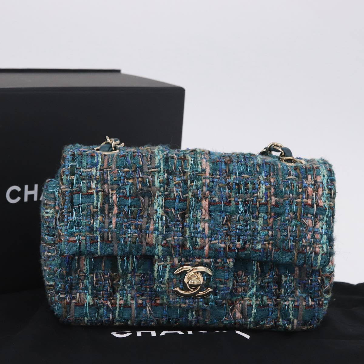 CHANEL Mini Matelasse 20 Chain Shoulder Bag tweed Green Gold CC Auth 200062SM