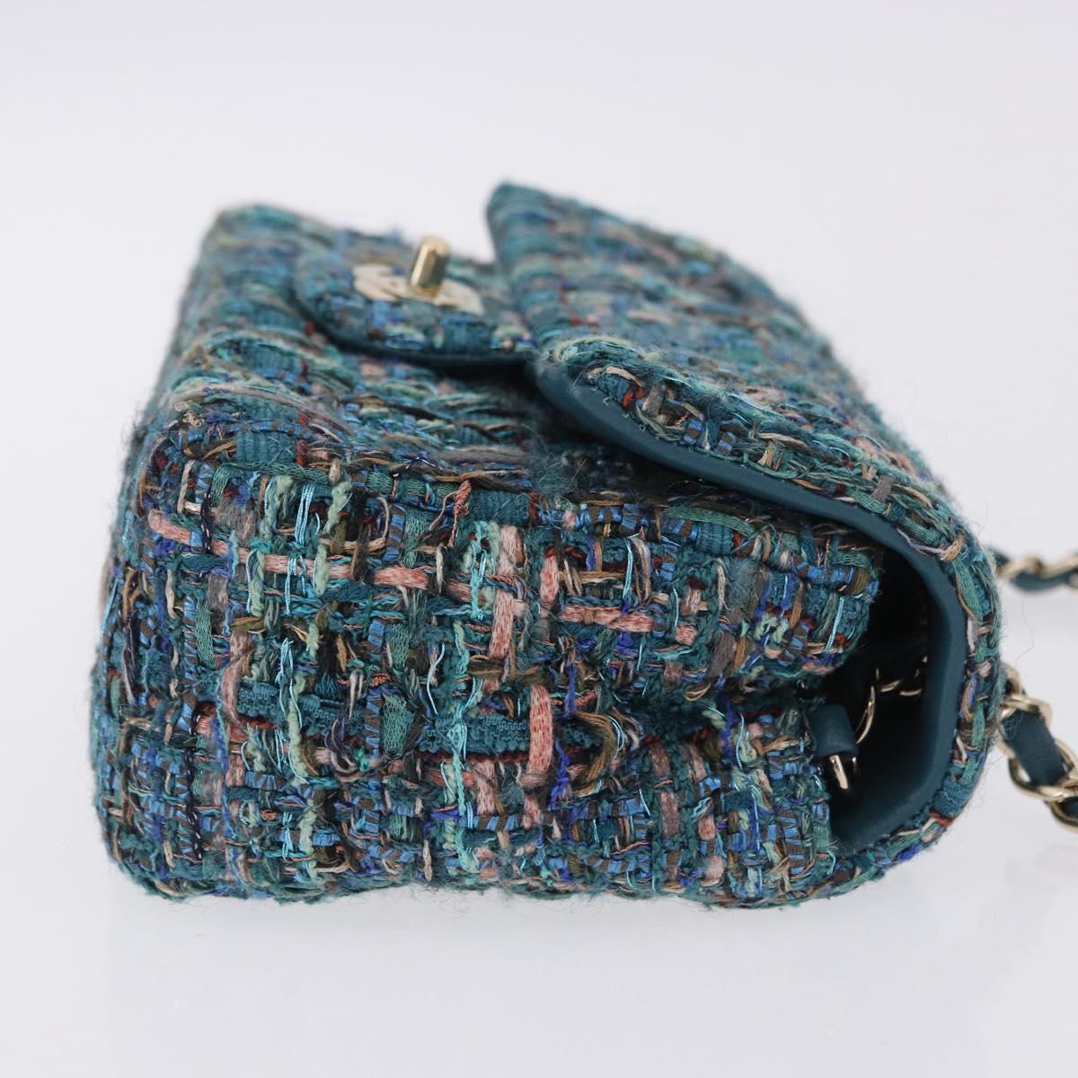 CHANEL Mini Matelasse 20 Chain Shoulder Bag tweed Green Gold CC Auth 200062SM