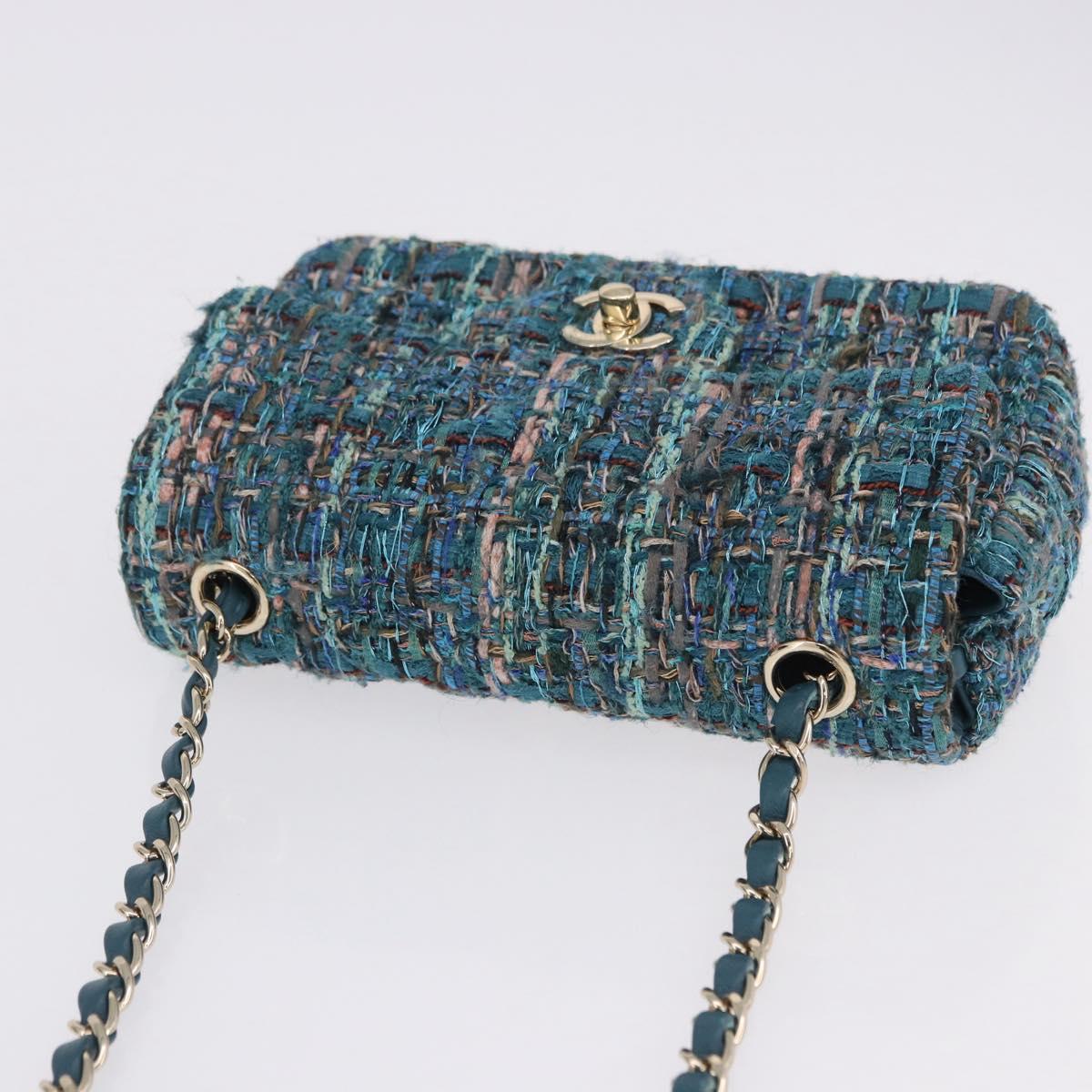 CHANEL Mini Matelasse 20 Chain Shoulder Bag tweed Green Gold CC Auth 200062SM