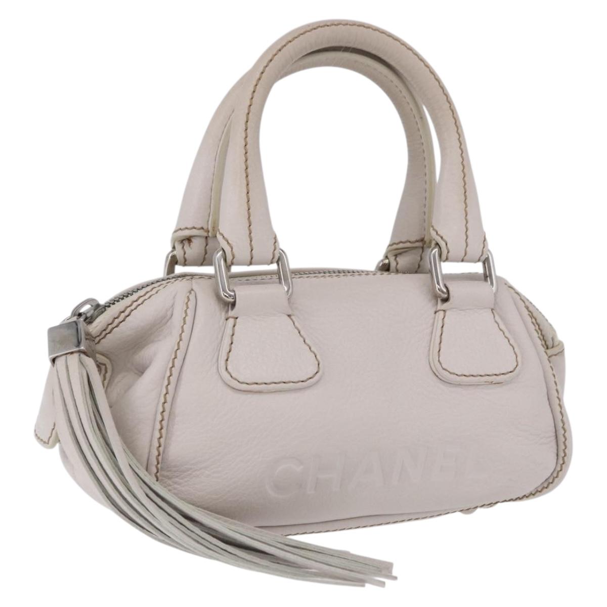 CHANEL Hand Bag Leather White Silver CC Auth 200073V