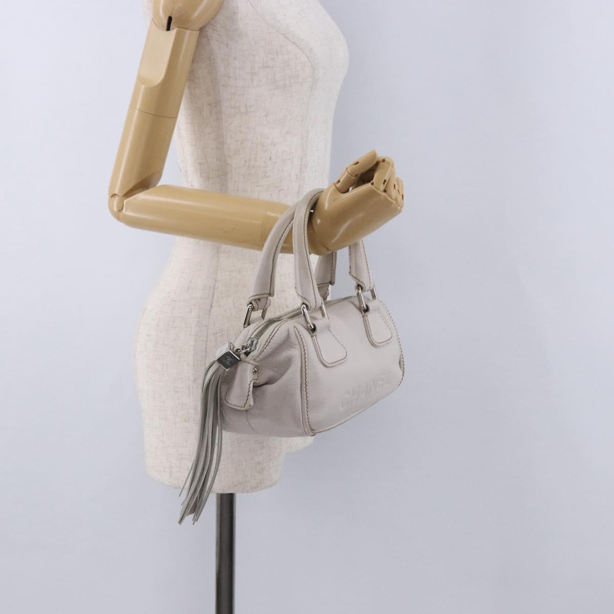 CHANEL Hand Bag Leather White Silver CC Auth 200073V