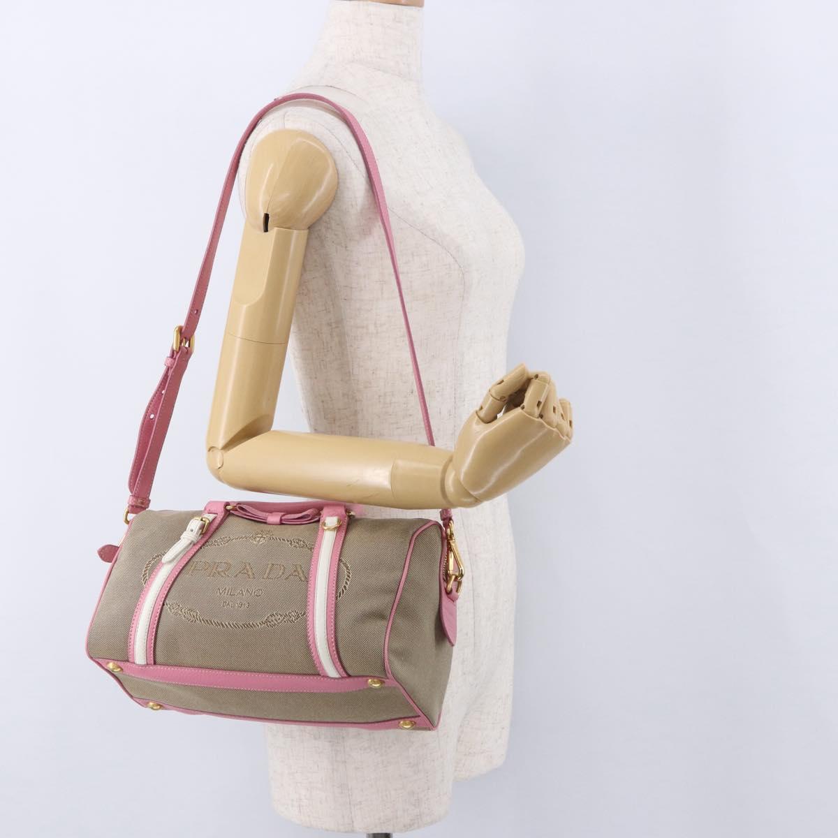 PRADA Hand Bag Jacquard 2way Beige Gold Auth 200074V