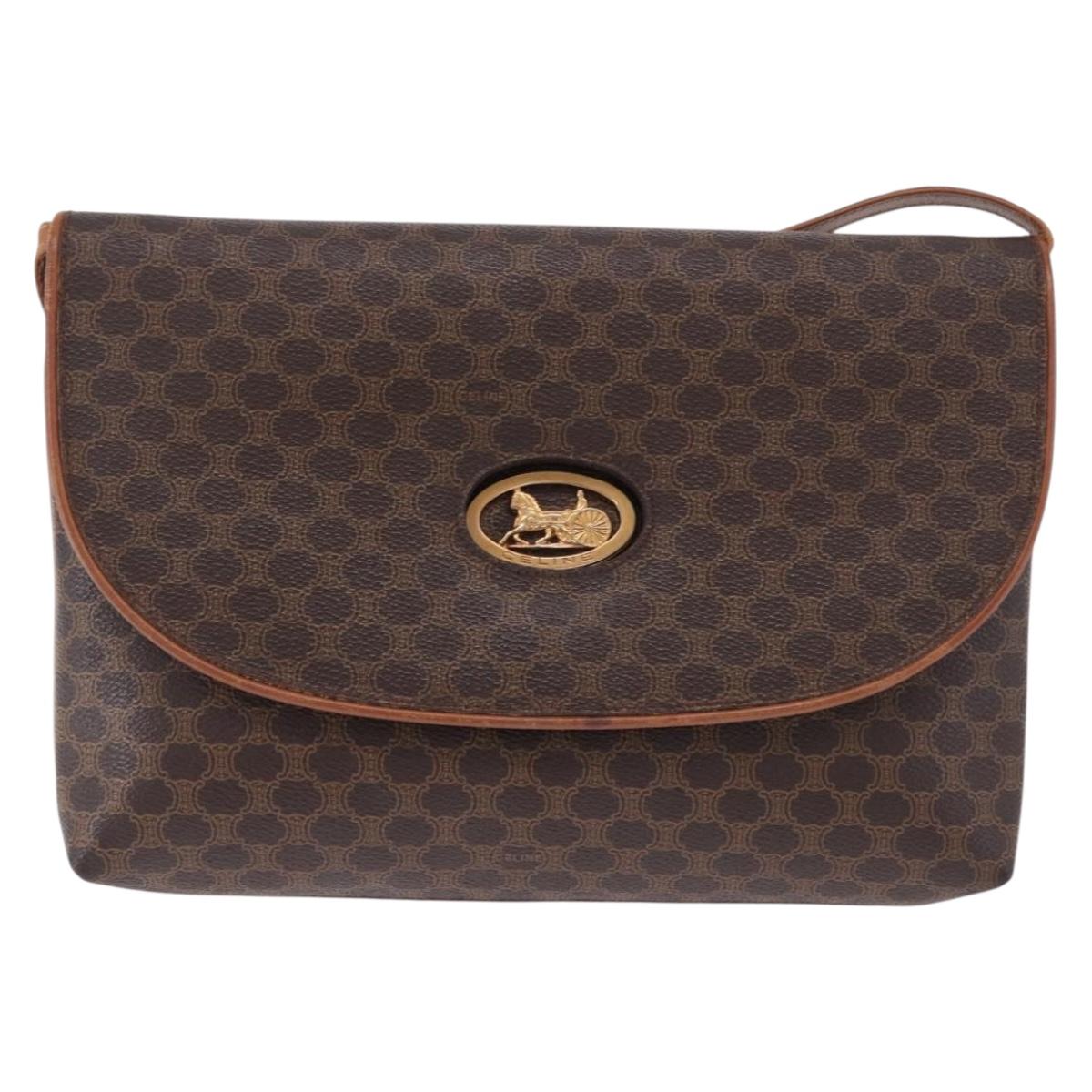 CELINE Macadam Canvas Horse Carriage Bag PVC Leather Brown Gold Auth 200080