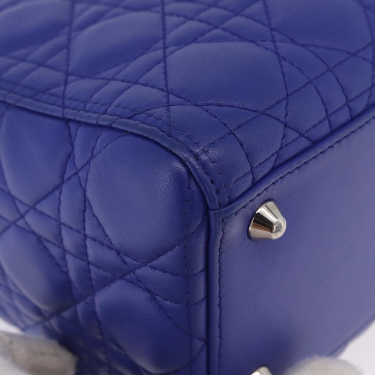 Christian Dior Canage Lady Dior Hand Bag Lamb Skin 2way Blue Silver Auth 200084M
