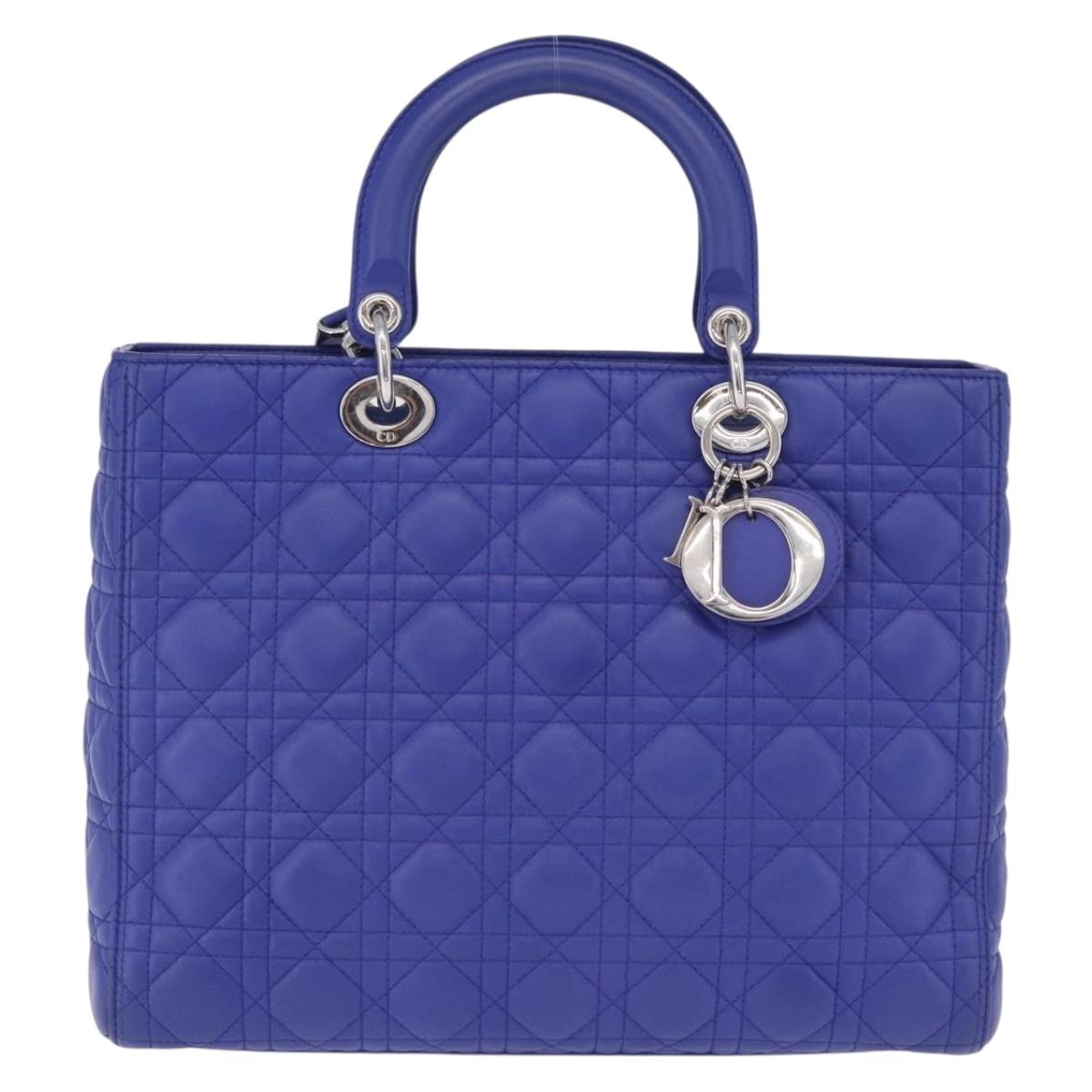 Christian Dior Canage Lady Dior Hand Bag Lamb Skin 2way Blue Silver Auth 200084M